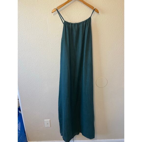 Meo Meli Linen Green Spaghetti Strap Halter Relaxed Fit Front Slit Maxi Dress XL - Picture 3 of 12